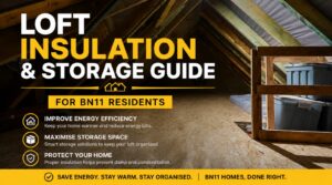 Loft Insulation Guide BN11 with raised loft boarding, loft insulation Worthing and attic storage solution