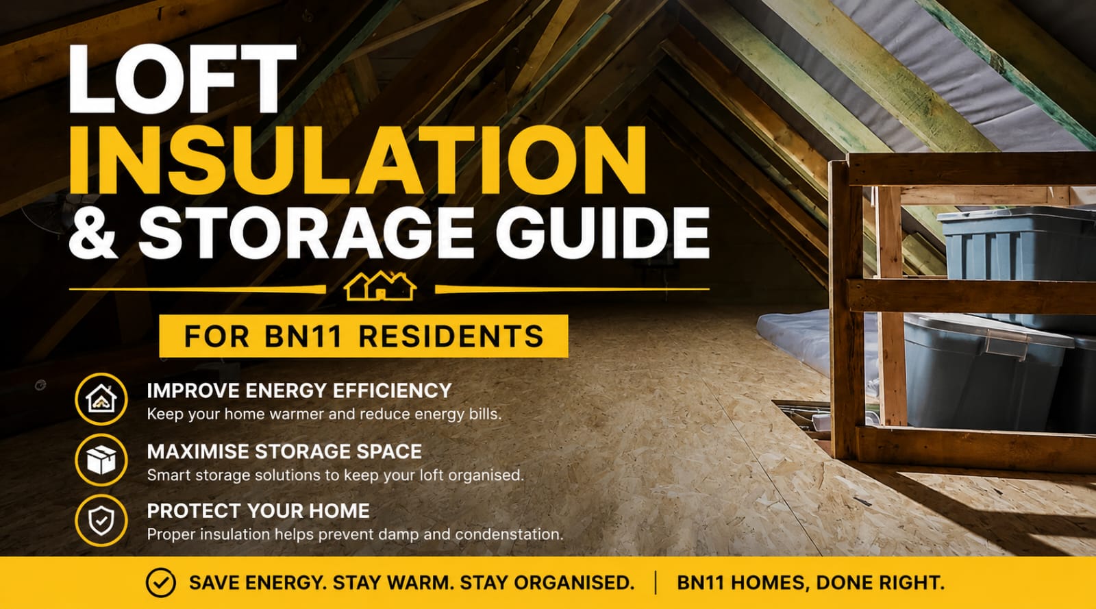 Loft Insulation Guide BN11 with raised loft boarding, loft insulation Worthing and attic storage solution