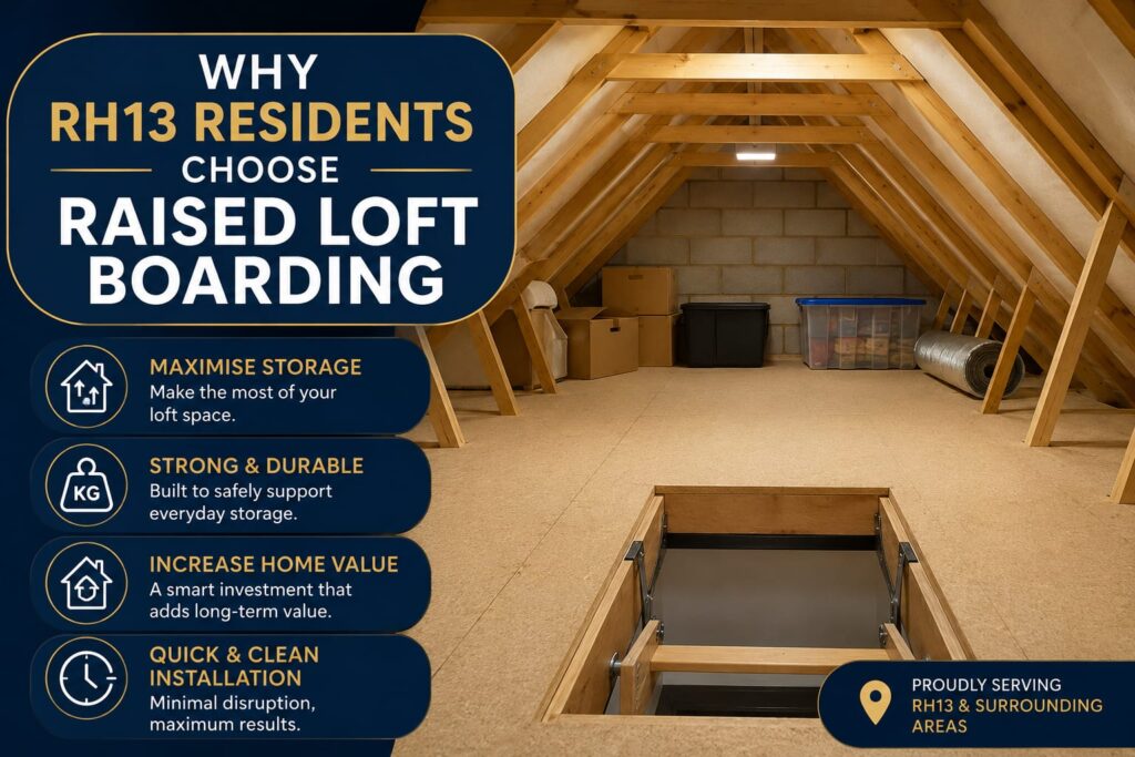 Raised Loft Boarding RH13 installed in a South Horsham home for safe loft storage and protected insulation